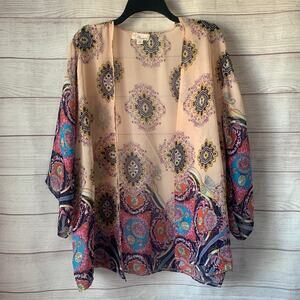 Misia Boho Colorful Floral Medallion Cardigan Kimono Duster Swim Cover Up Size M